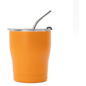 A drink bottle featuring an orange body, a metal straw, and a transparent lid, with a logo on the side.