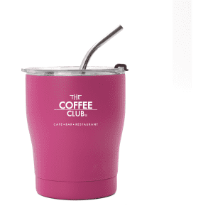A drink bottle in pink with a clear lid and a metal straw. It features a logo on the front.