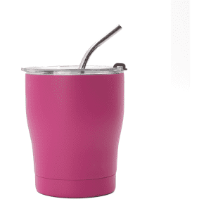 A drink bottle in vibrant pink with a metal straw and a clear lid. It has a logo on the side.