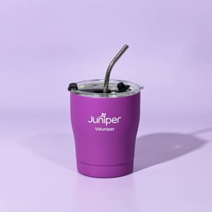 A drink bottle with a stainless steel straw, featuring a vibrant purple design and a logo.