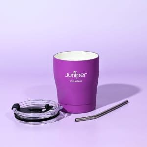 A drink bottle in purple with a clear lid, reusable straw, and a logo on the front.