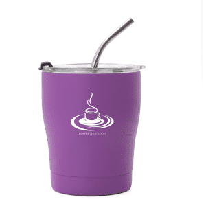 A drink bottle in purple with a stainless steel straw and a transparent lid, featuring a logo on the side.