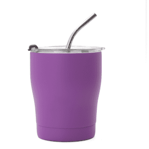 A drink bottle in vibrant purple with a stainless steel straw and a clear lid. It features a logo on the side.