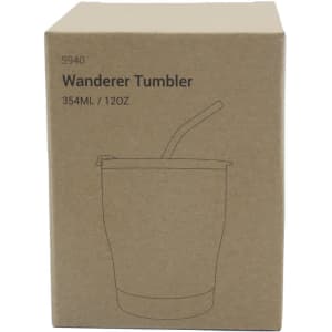 A drink bottle in a cardboard box featuring a tumbler design, with a straw, in a neutral colour.