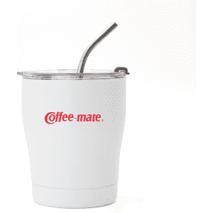 A drink bottle with a white exterior, featuring a clear lid and straw, and has a logo on its side.