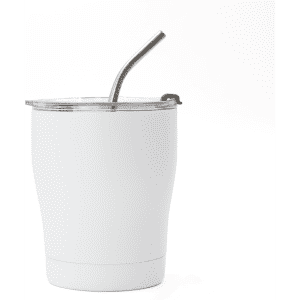 A drink bottle in white with a clear lid and stainless steel straw, featuring a logo on the surface.