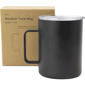 A travel mug in matte black with a clear lid, next to a cardboard box featuring a logo.