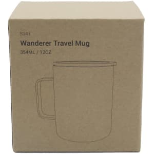 A travel mug in a kraft box, featuring a simple design and a handle. The mug is shown in a plain outline.