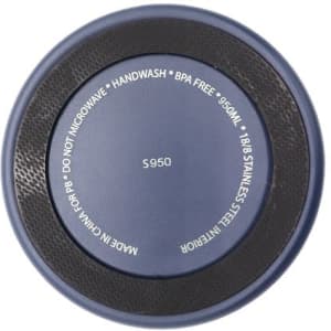 A blue pet bowl with a textured bottom, featuring a stainless steel interior and a branding logo.