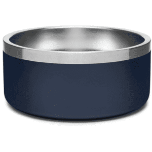 A navy blue pet bowl with a shiny stainless steel interior and a smooth exterior. It features a branding logo.