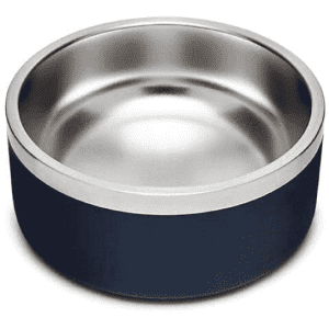 A pet bowl with a stainless steel interior and a navy blue exterior. It features a logo on the side.