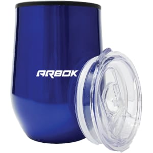 A drink bottle in a deep blue colour with a clear lid and a logo on the side.