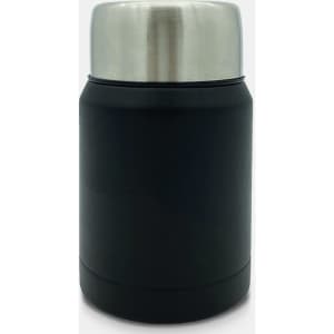 A drink bottle with a black body and a silver stainless steel lid, featuring a logo.