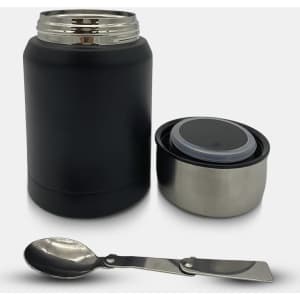 A drink bottle and insulated container in black, with a silver spoon and a lid, featuring a logo.