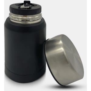 A black vacuum flask with a stainless steel lid, featuring a logo on the body.