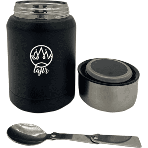 A drink bottle in matte black with a stainless steel inner and a spoon, featuring a logo on its exterior.