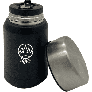 A drink bottle with a matte black exterior and a stainless steel lid, featuring a logo on the front.