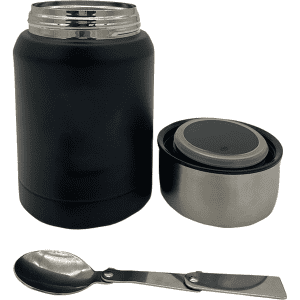 A drink bottle in black with a stainless steel lid, accompanied by a small inner container and a metal spoon.