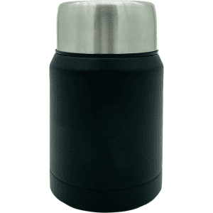 A drink bottle in black with a stainless steel lid, featuring a smooth finish and a logo.