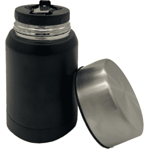 A drink bottle featuring a black exterior and a stainless steel lid, with a spout for easy pouring and a logo.