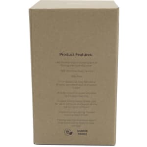 A drink bottle with a cardboard box design, featuring a logo and product information on its surface.