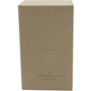 A drink bottle in a cardboard box, featuring a simple design with a vacuum flask and a light brown colour.