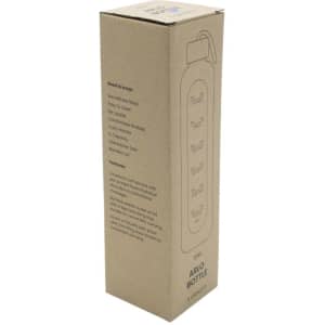A drink bottle in a cardboard box, featuring a hand grip and a minimalist design, with a logo on the side.