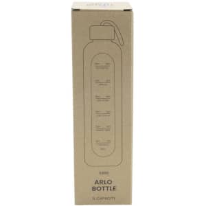 A drink bottle in a cardboard box, showcasing a sleek design and a capacity of 1 litre. The box features a logo.