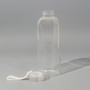 A drink bottle made of clear borosilicate glass with a removable cap and a loop for easy carrying.