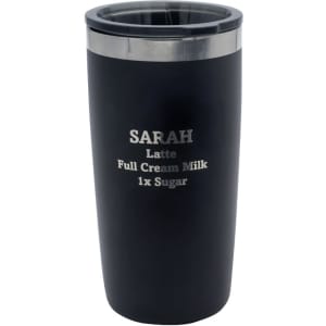 A drink bottle in matte black featuring a stainless steel rim and personalisation options.