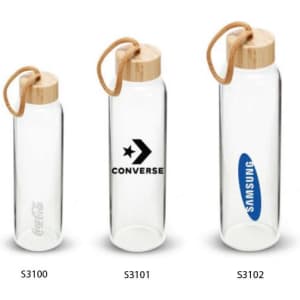 A drink bottle featuring a clear glass body and a bamboo lid, with a rope handle. It includes branding.