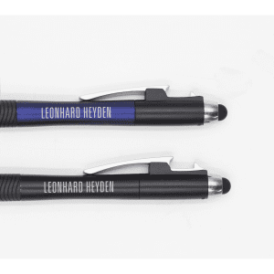 Two black pens with silver clips, featuring blue and grey accents, each with a logo and personalised name.