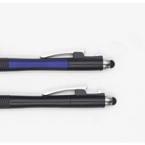 A close-up of two black pens with a blue accent and silver details, featuring a stylus tip and retractable design.