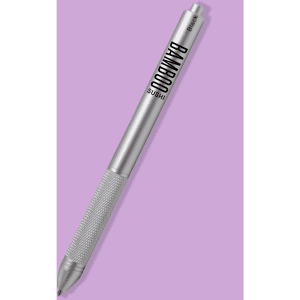 A silver metal pen with a textured grip and branding on its body.