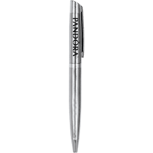 A silver metal ball pen with a clip and a logo on the side. The pen has a sleek and polished design.