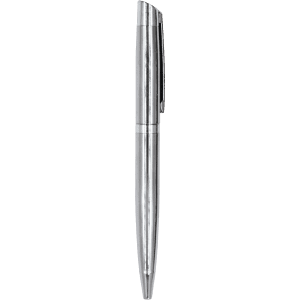 A silver metal ball pen with a sleek design and a clip for securing. It features a logo on the body.