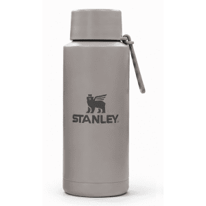 A drink bottle in a muted grey colour, featuring a stainless steel design and a logo.