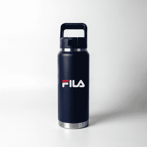 A drink bottle in navy blue with a stainless steel base and a sturdy handle, featuring a logo.