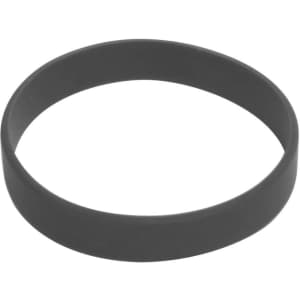 A black silicone wristband with a simple design and a smooth finish. It features a logo.