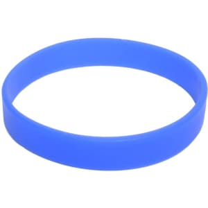 A blue silicone wristband with a smooth finish and a simple design. It features a logo.