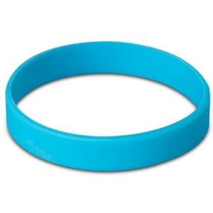 A blue silicone wristband with a smooth surface and a simple design, featuring a logo.
