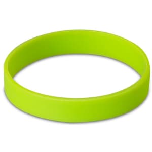 A bright green silicone wristband with a smooth texture and a circular shape, featuring a logo.