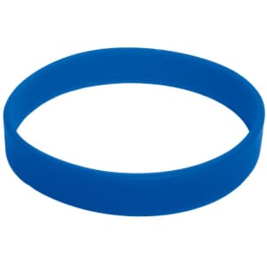 A blue silicone wristband with a smooth finish, featuring a branding logo. Suitable for events and exhibitions.