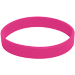A pink silicone wristband with a smooth surface and a simple design, featuring a logo.