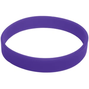 A purple silicone wristband with a smooth finish and a branding logo displayed on its surface.