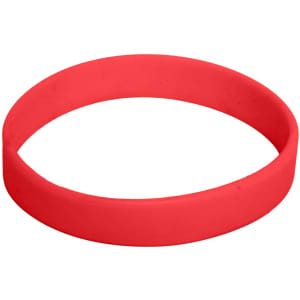 A red silicone wristband with a smooth finish, featuring a logo. Suitable for events and exhibitions.
