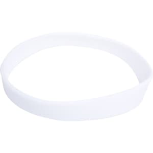 A white silicone wristband featuring a logo, designed for promotional use at exhibitions and events.