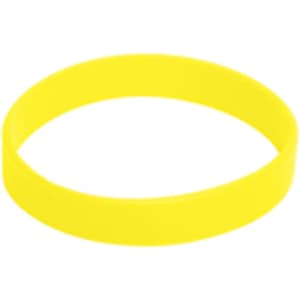 A bright yellow silicone wristband with a smooth texture and a simple round design, featuring a logo.