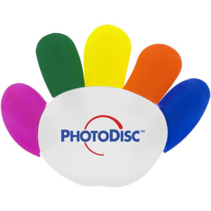 A hand-shaped highlighter with six vibrant colours: green, yellow, orange, red, blue, and purple. It features a logo.