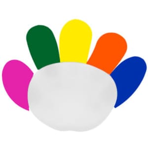 A highlighter in the shape of a hand with multicoloured tips: green, yellow, orange, blue, and pink. It has a white base.